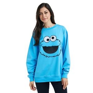 Sesame Street Big Face Cookie Monster Blue Crew Neck Long Sleeve Oversized Fleece Sweatshirt - 1 of 4