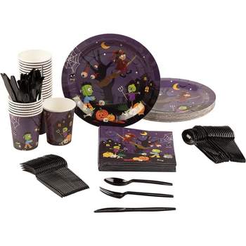 Blue Panda 144 Piece Spooky Halloween Disposable Party Supplies Serves 24 - Plates, Napkins, Cups & Cutlery