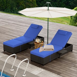 Outdoor Patio Chaise Lounge Chairs Set of 2, PE Wicker Pool Recliners with Adjustable Backrest, Storage Shelf and Cushions - 1 of 4