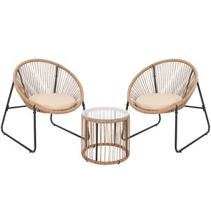 3 Piece Rattan Wicker Bistro Set, Modern Patio Furniture Set with 2 Rattan Chairs, Cushions, Glass Table Top, Ideal for Outdoors, Balcony, Backyard - 1 of 4