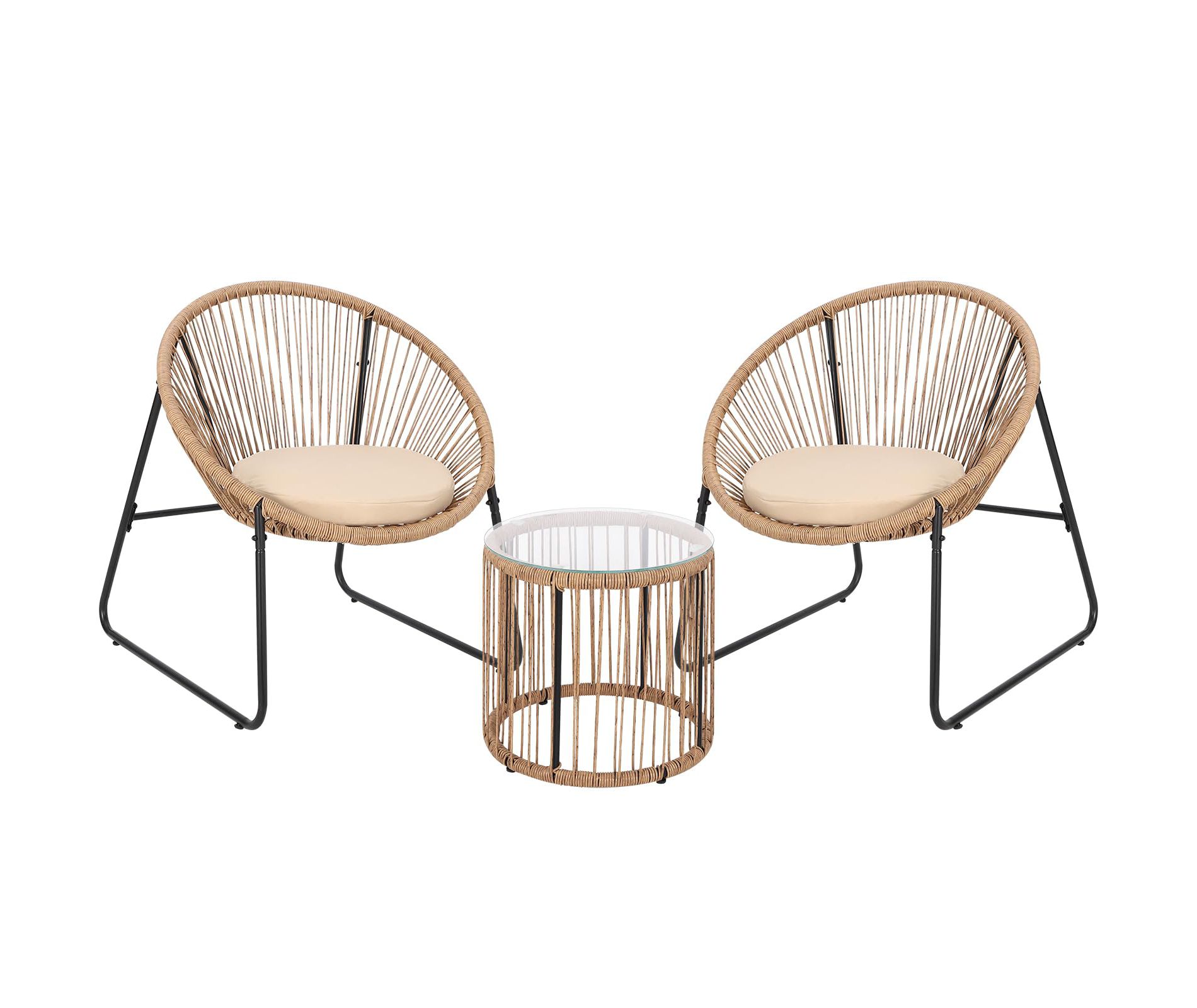 3 Piece Rattan Wicker Bistro Set, Modern Patio Furniture Set with 2 Rattan Chairs, Cushions, Glass Table Top, Ideal for Outdoors, Balcony, Backyard