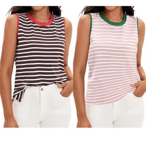 ATHLECHIC Women's Striped Color Block Side Slits Crew Neck Casual Sleeveless Shirts 2 Packs - 1 of 4