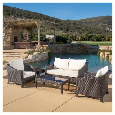 Antibes 5pc Wicker Patio Chat Set with Cushions - Brown - Christopher Knight Home
