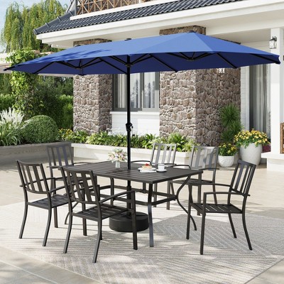 Captiva Designs 8pc Patio Slat-top Rectangle Steel Table & Metal Stackable Chairs & 13ft Large Umbrella