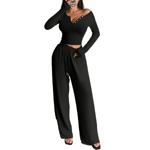 Women's V-Neck Button-Down Long Sleeve Top & Wide-Leg Pants Set, Casual Loungewear Outfit Black S - 1 of 4