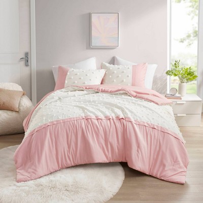 Pink and White Twin Microfiber Comforter Set with Jacquard Pompoms