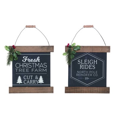 Transpac Wood 12 in. Black Christmas Sleigh/Tree Wall Decor Set of 2