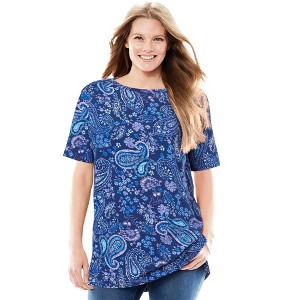 Woman Within Women's Plus Size Perfect Printed Short-Sleeve Boatneck Tunic - 1 of 4