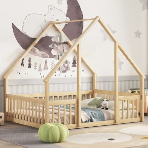 JUJABU Full Wood House-Shaped Floor Bed with Fence, Guardrails - 1 of 4