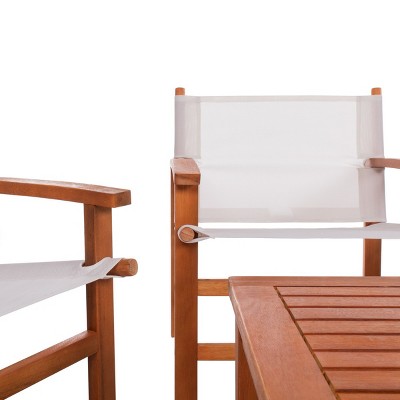 Natural Eucalyptus Wood Outdoor Dining Set with Beige Armchairs