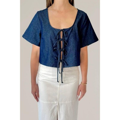 Women's Denim Short Sleeve Tie Front Blouse - nlt