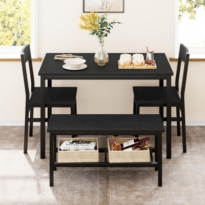 4-Piece Wooden Dining Table Set with Bench & 2 Chairs, Kitchen Table Set with Storage Rack, Space-Saving