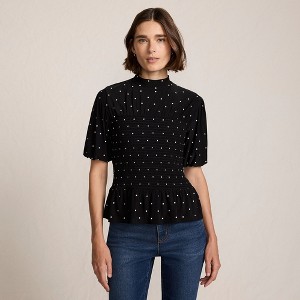 Lands' End Women's Bubble Sleeve Silky Knit Smocked Mock Neck Top - 1 of 4