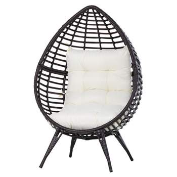 Outsunny Patio Wicker Lounge Chair with Soft Cushion, Outdoor/Indoor PE Rattan Egg Teardrop Cuddle Chair with Height Adjustable Knob for Backyard Garden Lawn Living Room