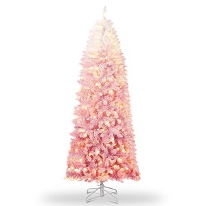 Prelit Christmas Tree with Lights, Snow Flocked Artificial Skinny Pencil Tree, Foldable Base, Xmas Decor - 1 of 4