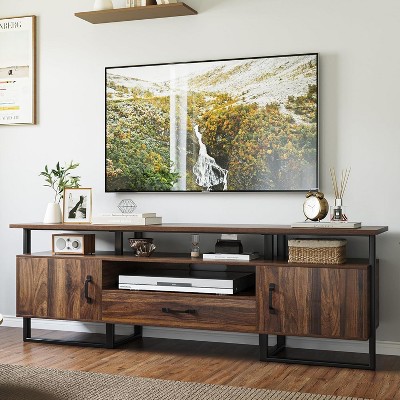 Homhougo Mid Century Modern TV Stand, 75 Inch Entertainment Center with Storage & Drawer, Industrial Console for Living Room, Rustic Brown
