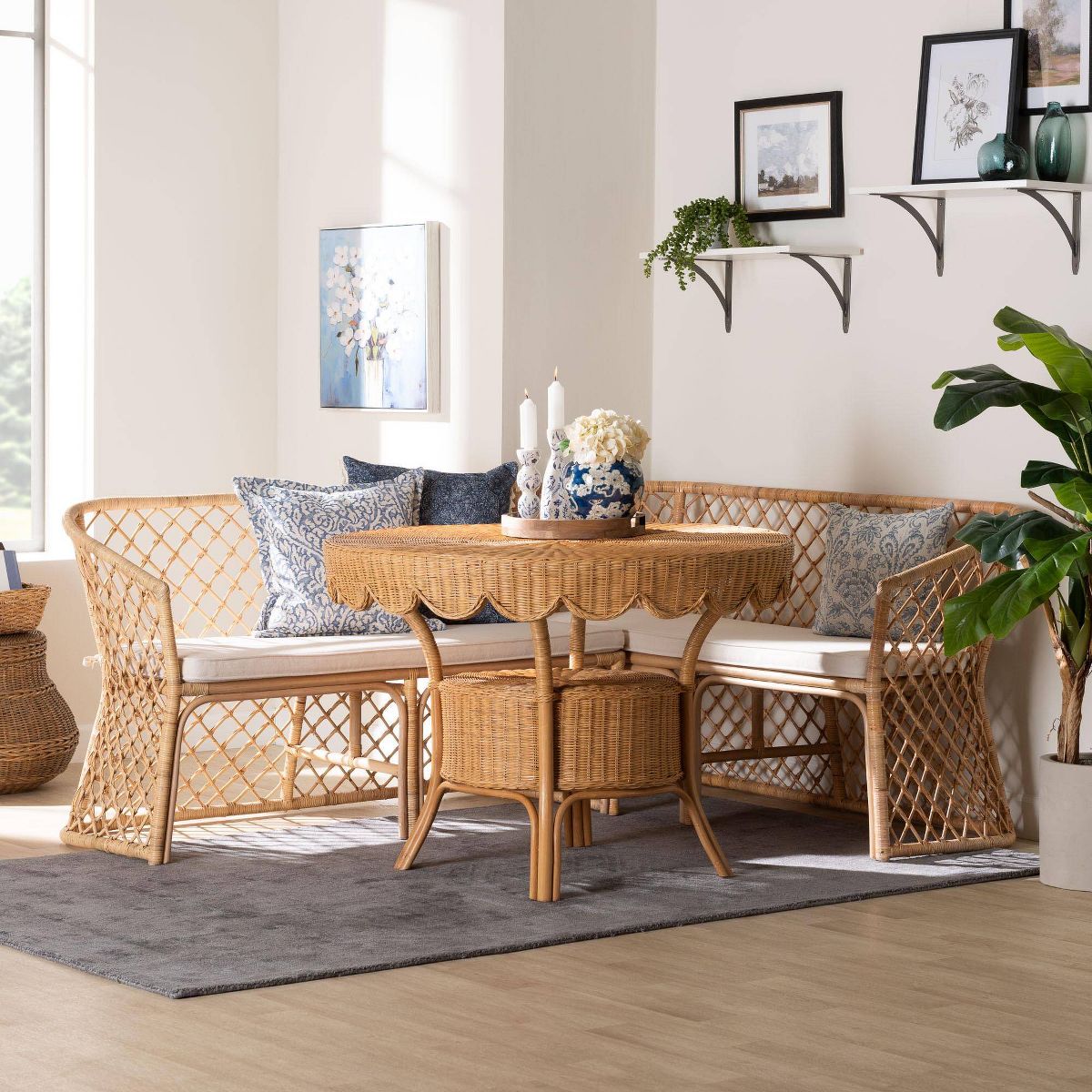 bali & pari Frayne Bohemian Rattan 3  Piece Dining Nook Set Light Honey - thumbnail 8