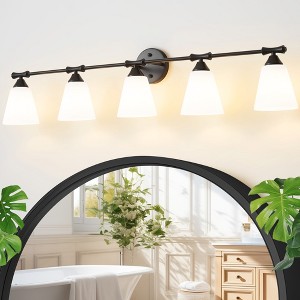POWLIG 43.54-in 5-Light Matte Black Bathroom Vanity Light Fixture with Opal Frosted Glass Shade - 1 of 4