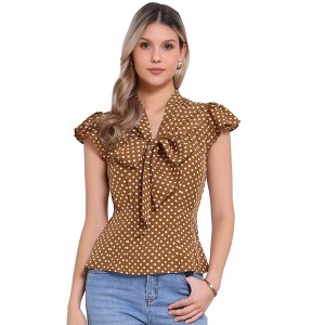 INSPIRE CHIC Women's Polka Dots Tie V Neck Flutter Cap Sleeve Blouse - 1 of 4