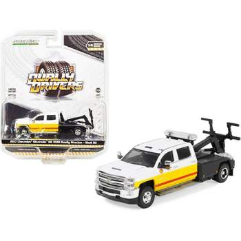 2017 Chevrolet Silverado HD 3500 Dually Wrecker Tow Truck White with Red and Yellow Stripes 1/64 Diecast Model Car by Greenlight