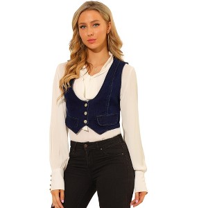 Allegra K Women's Vintage Button-Up Sleeveless Cropped Jean Waistcoat Vest - 1 of 4
