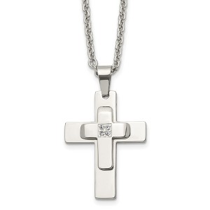 Black Bow Jewelry Men's Stainless Steel & CZ Polished Cross Necklace, 22 Inch - 1 of 4