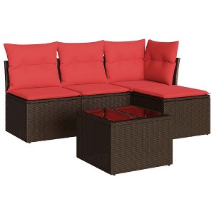 vidaXL 5 Piece Patio Sofa Set with Cushions Brown Poly Rattan - 1 of 4