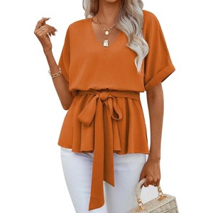 Imily Bela Women Summer V Neck Blouse Casual Short Sleeve Belted Tee Tops - 1 of 4