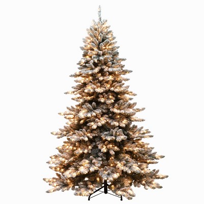 7.5ft Puleo Pre-Lit Flocked Full Princess Pine Artificial Christmas Tree Clear Lights: Incandescent, Easy Setup