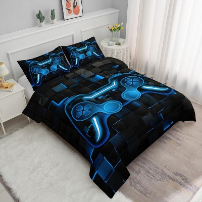 Luupatchy Game Console Comforter Set with 1 Quilt 2 Pillowcases, for Teens Men Adults,Blue
