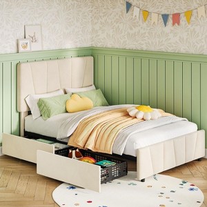Bed Frame with Adjustable Headboard and 2 Storage Drawers, Upholstered Platform Bed Frame with Wooden Slats Support - 1 of 4