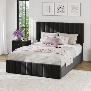 Bed Frame, Linen Quilted Upholstered Platform Bed with Adjustable Headboard & 4 Storage Drawers, Sturdy Wooden Slats Support - 1 of 4
