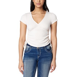 WallFlower Women's Madeline Short Sleeve V-Neck Yummy Rib Top With Ruched Sides - 1 of 4