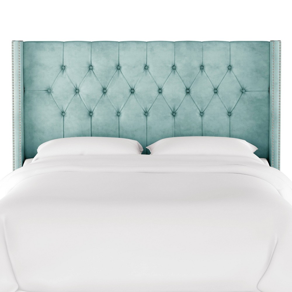 King Louis Diamond Tufted Wingback Headboard Teal Velvet with Pewter Nail Buttons - Skyline Furniture -  54350852