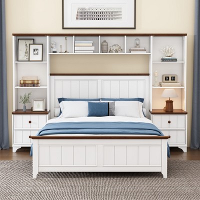 Twin/Full Size All-In-One Platform Bed with 2 Nightstands, Bookcase, Storage Shelf and Solid Pine Wood Frame, White+Walnut-ModernLuxe