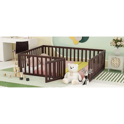 NicBex Full Size Wood Montessori Bed with Safety Fence,Floor Bed Frame with Door,Modern Toddler Bed for Bedroom,Walnut