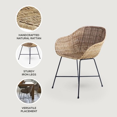 Natural Woven Rattan Arm Chair with Black Metal Legs