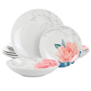 Gibson 12 Piece Fine Ceramic Floral Dinnerware Set in White - 1 of 4