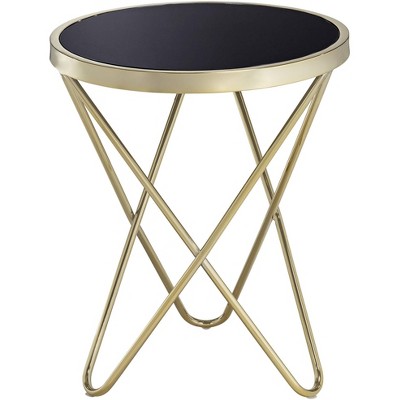 55 Downing Street Modern Gold Round Accent Side End Table 17 1/2" Wide Painted Black Glass Top Hairpin Base for Living Room Home