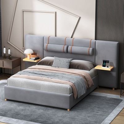 NicBex Full/Queen Size Velvet Upholstered Bed Frame with 2 Bedside Pillows,Platform Bed Frame with Storage Shelves and Charging Station,Easy Assembly