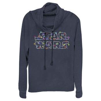 Juniors Womens Star Wars Christmas Logo String Lights Cowl Neck Sweatshirt