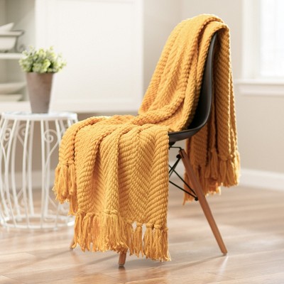 Golden Knitted Faux Fur Throw Blanket with Tassels