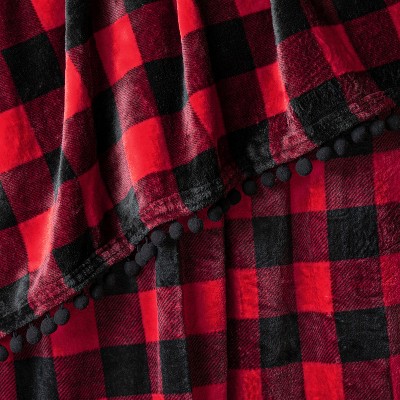 Pom Pom Fringe Twin Fleece Blanket in Plush Red