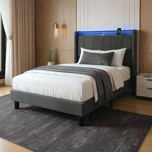 Twin/Full/Queen/King Size Bed Frame with LED Lights & Charging Station, Upholstered Platform Bed with Headboard, No Box Spring Needed, Gray - 1 of 4