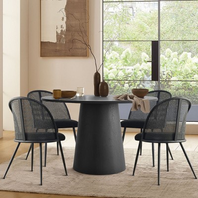 5-piece Dining Set for 4, 46" Round Dining Table Set with 4 Bouclé Fabric and Rattan Backrest Chair, Dining Room Furniture - Maison Boucle