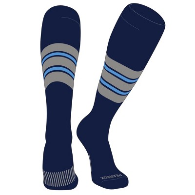 PEAR SOX Striped OTC Baseball, Softball, Football Socks (E) Navy, Silver, Sky Blue