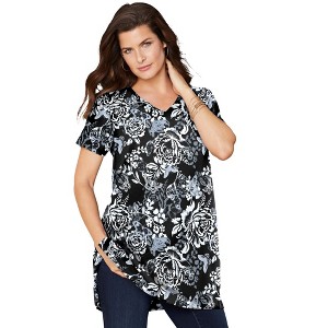 Roaman's Women's Plus Size Short-Sleeve V Neck Ultimate Tunic - 1 of 4