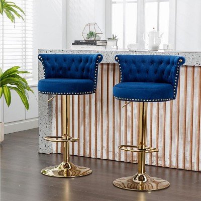 Skran Bar Stools Set of 2 with Tufted Back,Adjustable Seat,Velvet Swivel Counter Height Stools with Nailheads Trim,Upholstered Bar Chairs,Steel Base
