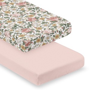Sweet Jojo Designs Baby Girl Fitted 100% Cotton Muslin Crib Sheets Set Vintage Floral Pink Green and Yellow 2pc - 1 of 4