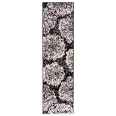 Black and Gray Floral Synthetic Runner Rug, 2' x 7'